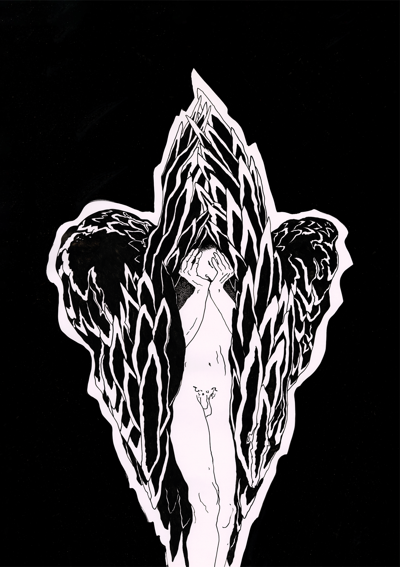 Large fine art print. Naked human creature hiding behind the wings.