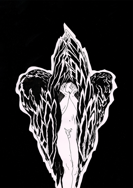 Large fine art print. Naked human creature hiding behind the wings.