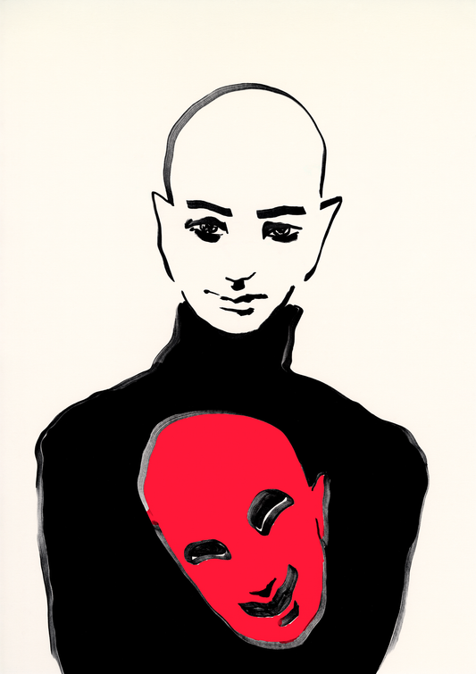 Large fine art print. Human creature with serious gaze and a red mask. 