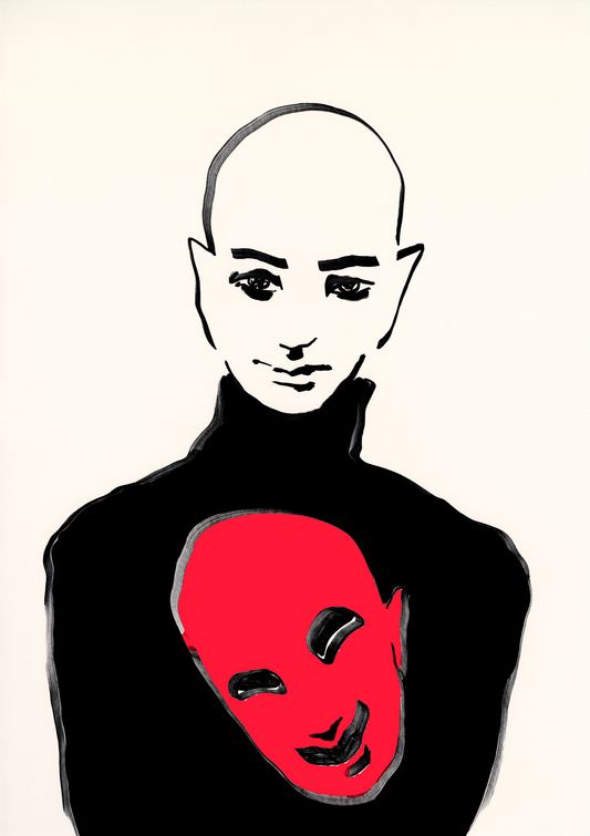 Large fine art print. Human creature with serious gaze and a red mask.