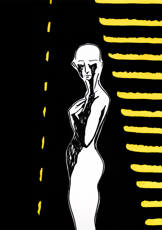 Large fine art print. Naked human creature crying with black tears.