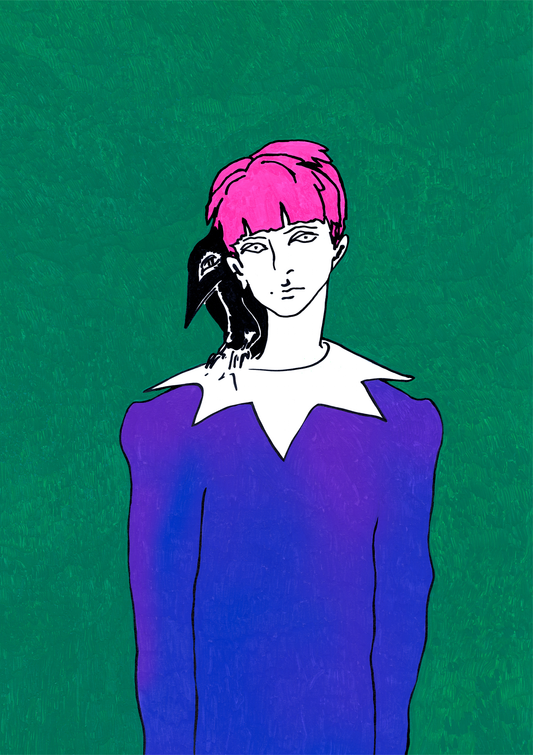 Large fine art print. Bird and a human creature with pink hair.