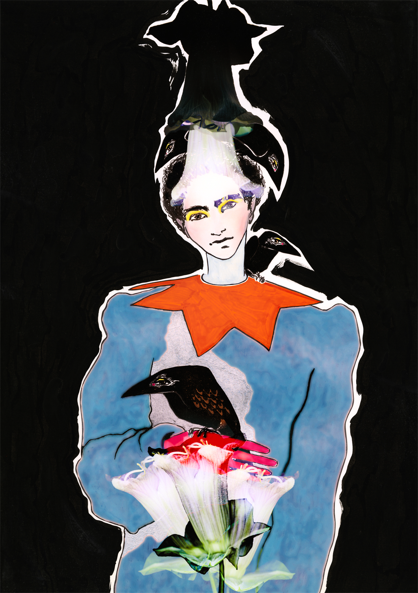 Large fine art print. Birds and human creature in orange collar.