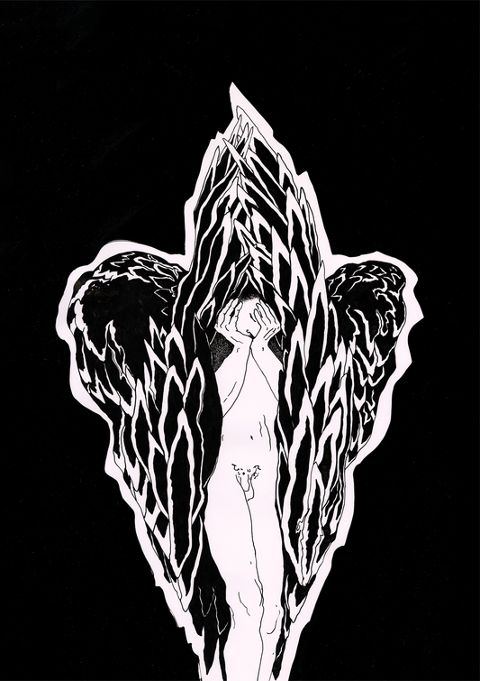 Large fine art print. Naked human creature hiding behind the wings. 
